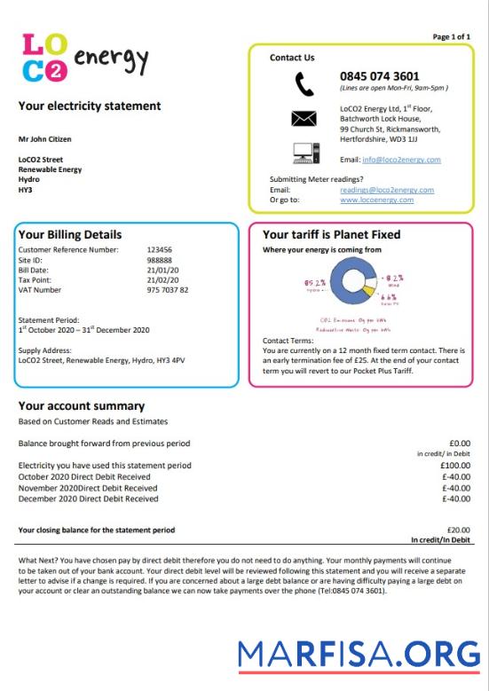 Realistic United Kingdom LoCO2 Energy utility bill template in Word and PDF format